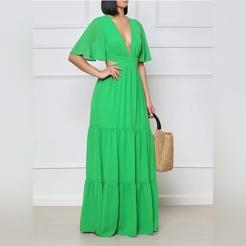 Lilly's Kloset Green Chiffon Temperament Low-cut Waist Dress Short Sleeve Sz. L
